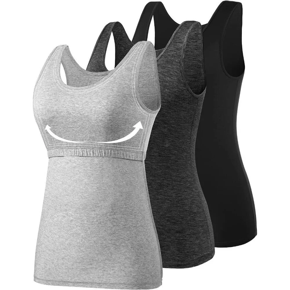 Women's Cotton Tank Tops Built-in Bra Layering Undershirt Pack of 3